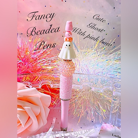 Beaded Ghost Pen with Pink Bow - Picture 1 of 6